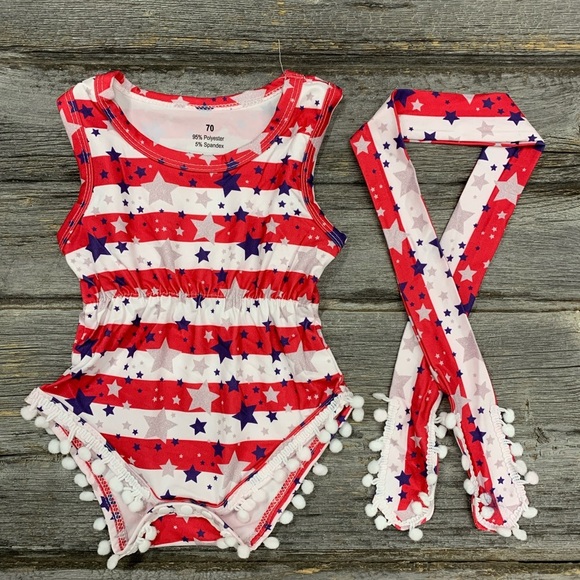 Patriotic Star Striped Baby Romper with Headband - Picture 1 of 1
